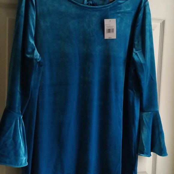 THE LIMITED Size L Mykonos BLUE Velvet Bell Sleeve Keyhole Tie Back Blouse ~New - Picture 3 of 12